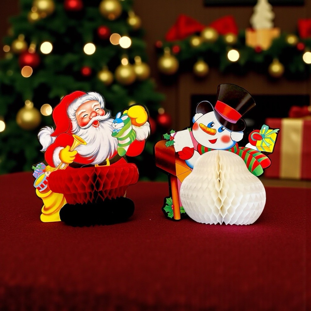 Vtg die cut Santa & Snowman Double Sided Honeycomb 10" Table Topper Christmas